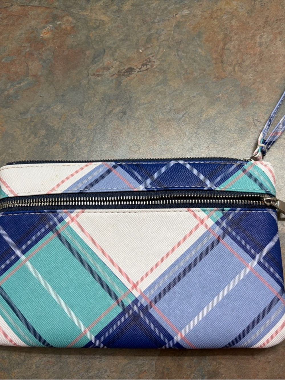thirty-one Plaid Zip Wristlet in Navy, Teal & White